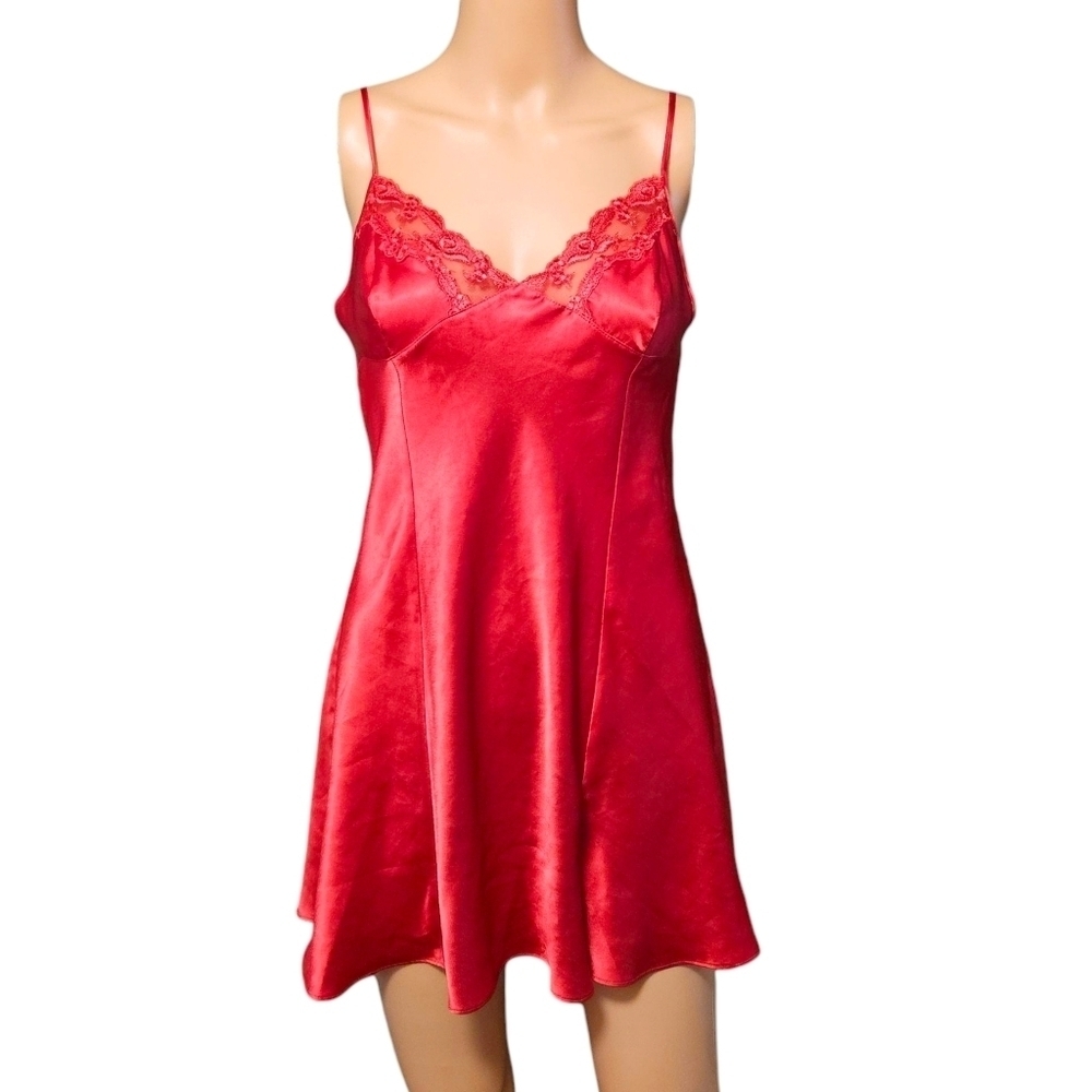 VTG Victoria’s Secret Red Satin Slip Dress M Lace Babydoll Y2K Lingerie 2000s